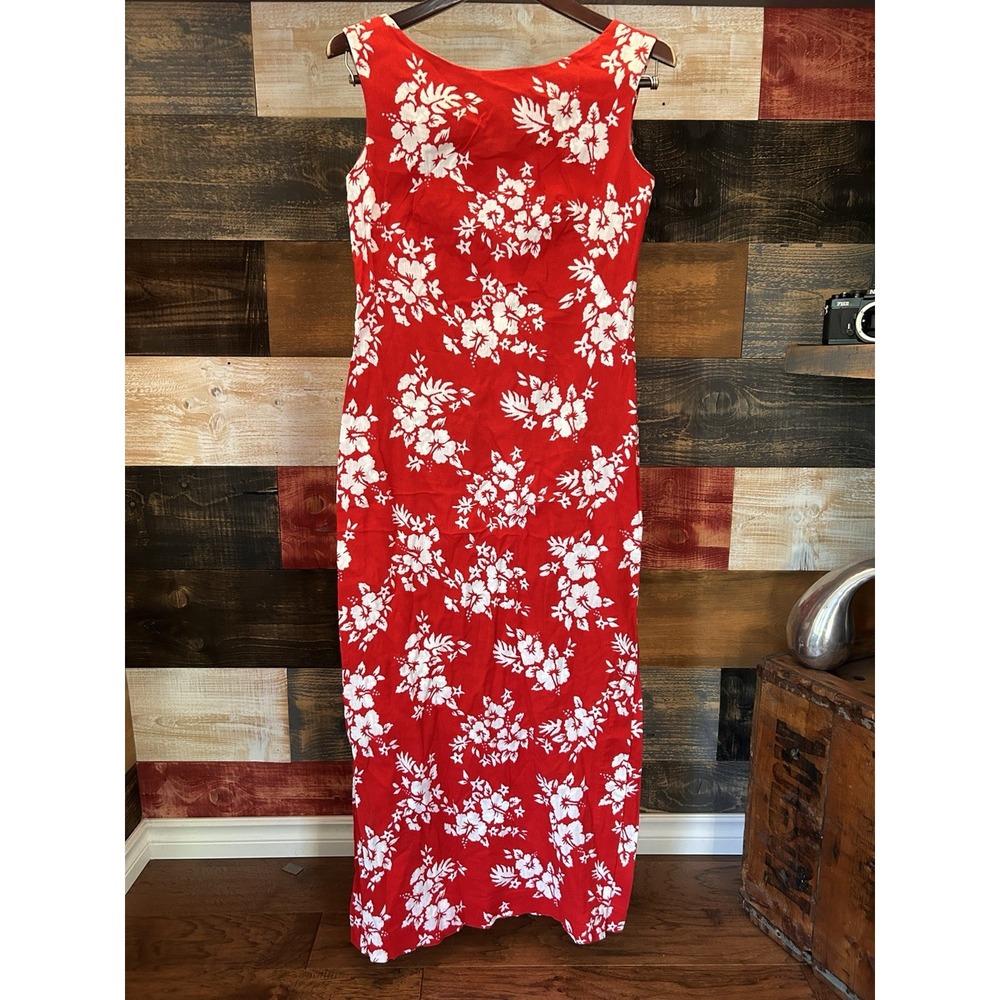 Hukilau Hawaiian Fashion Maxi Dress Red Floral Hibiscus Vintage Women Small